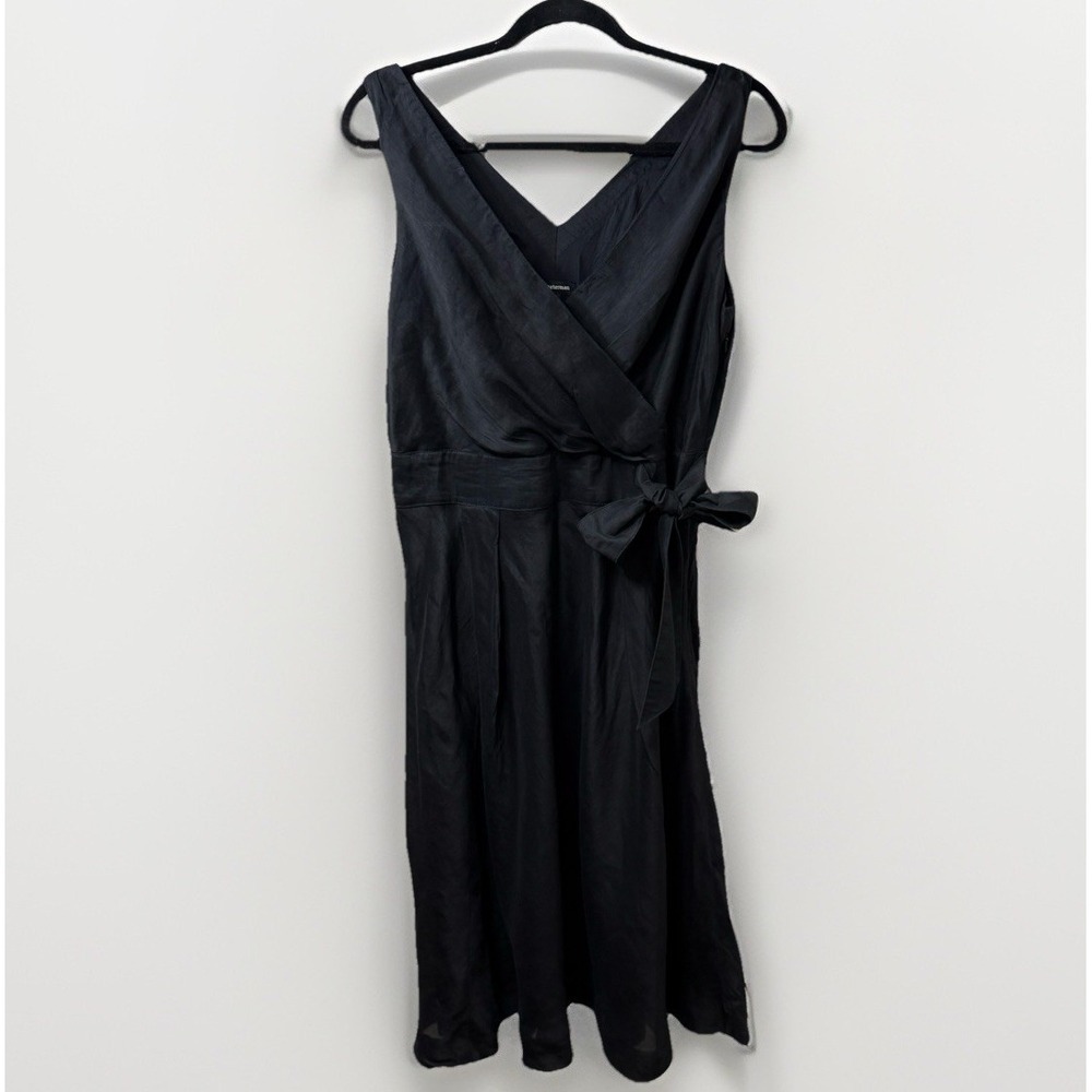 J PETERMAN Dress Sz 12 Black Midi Linen/Silk Faux Wrap Cocktail Natural Fibers